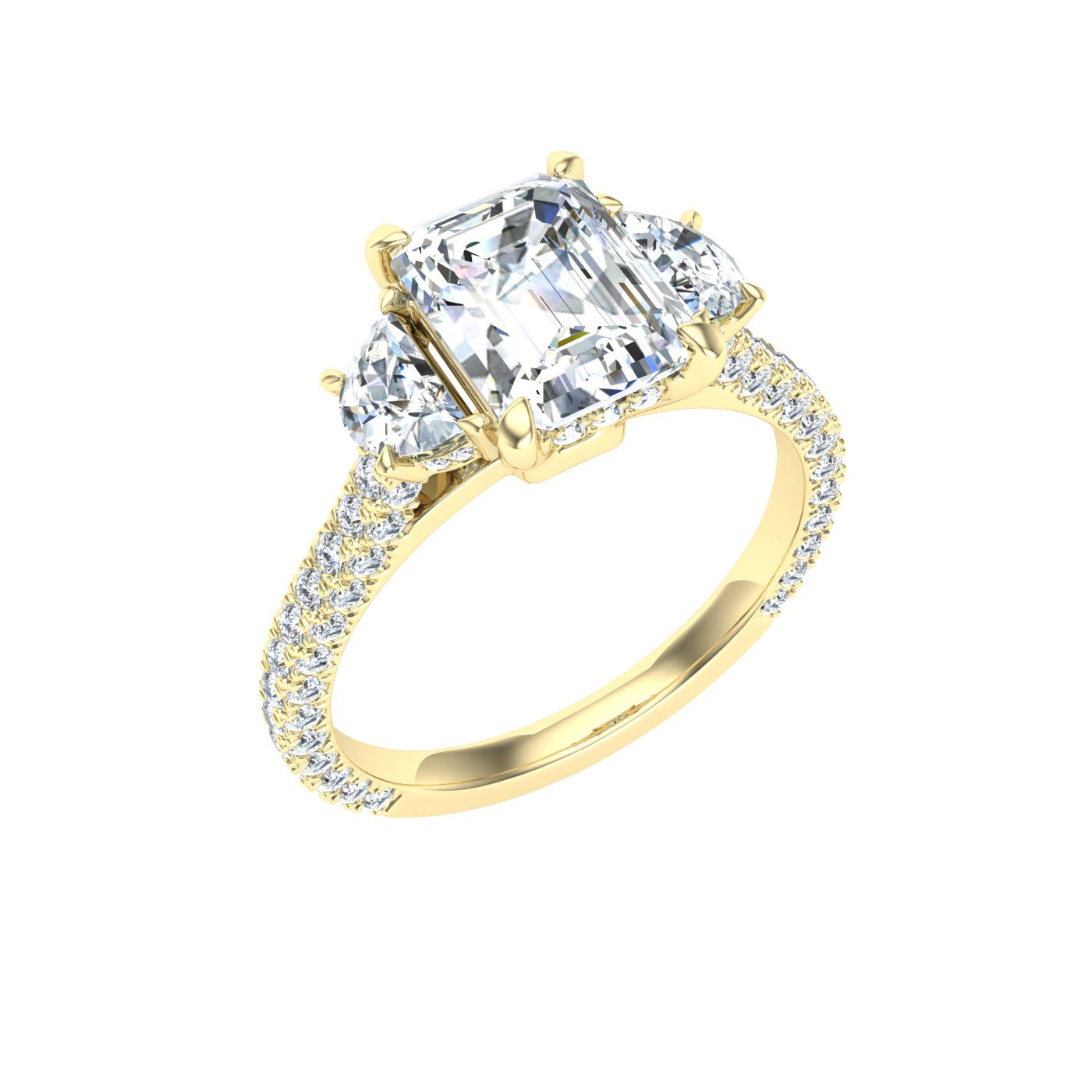 Flare Emerald 3 Stone Moissanite Engagement Ring White Gold
